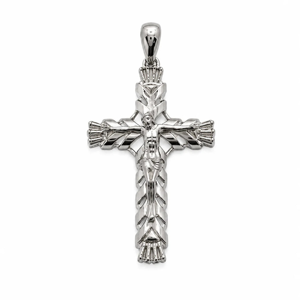 Sterling Silver Rhodium Plated Diamond Cut Large Ornate Faceted Cross Pendant