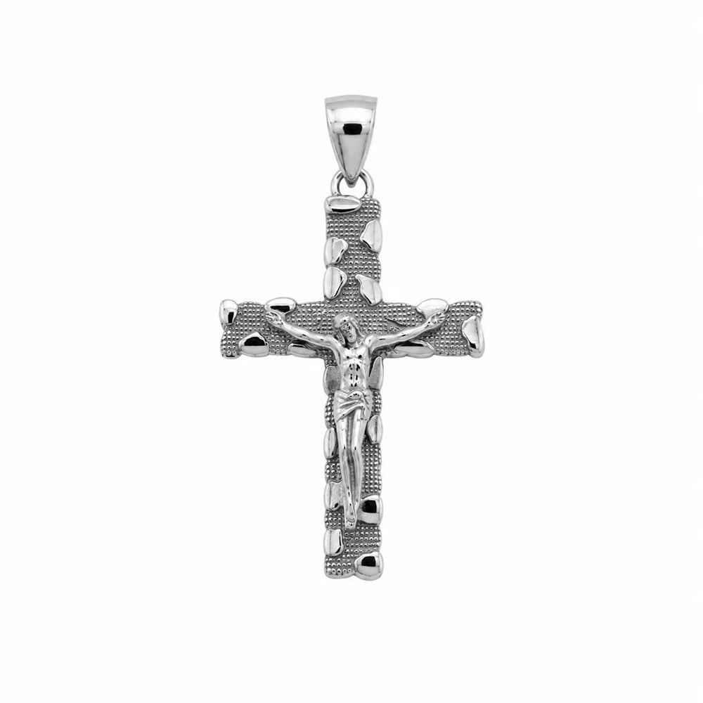 Sterling Silver Rhodium Plated Diamond Cut Jesus Crucifix Cross Pendant