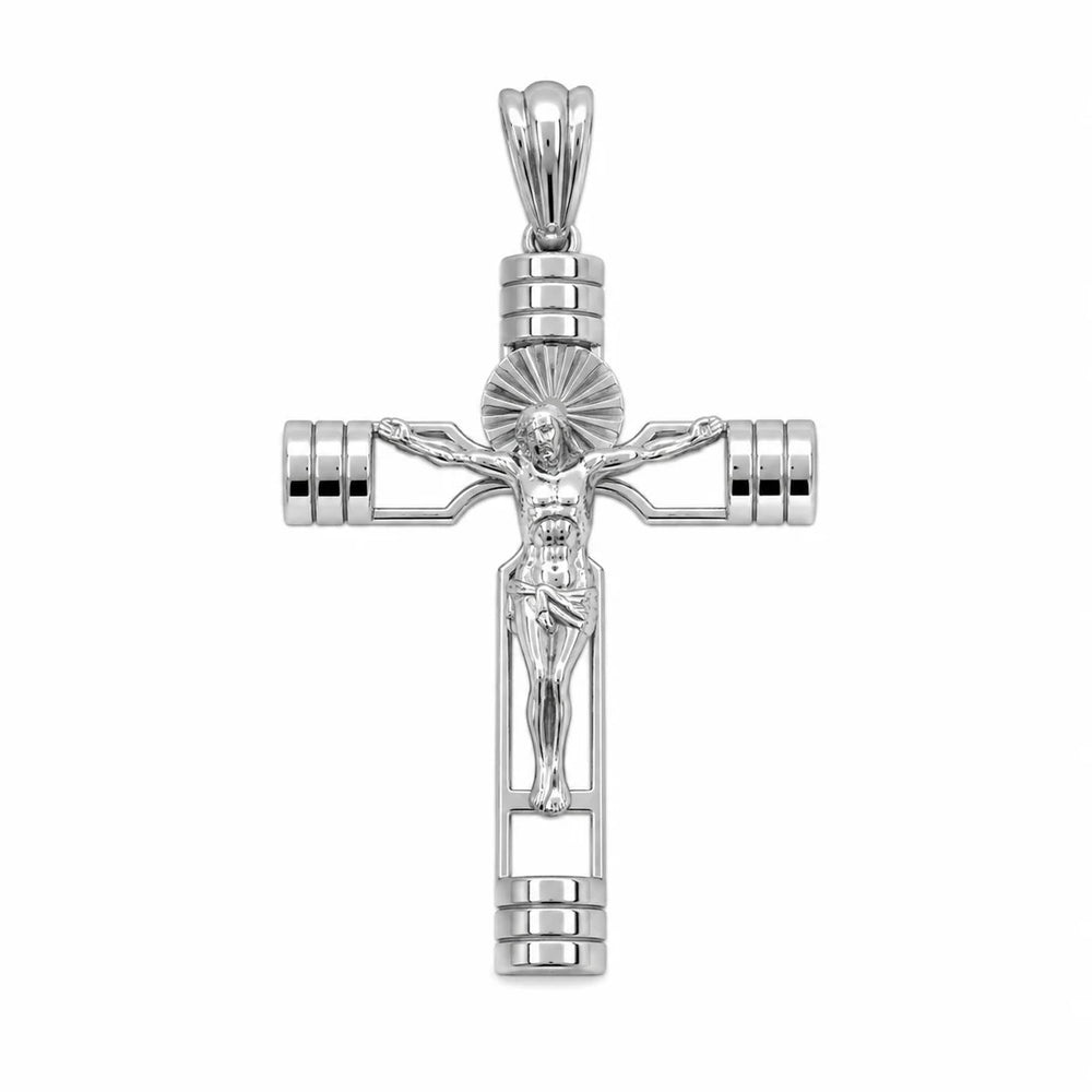 Sterling Silver Rhodium Plated Sacred Heart Diamond Cut Crucifix Cross Pendant