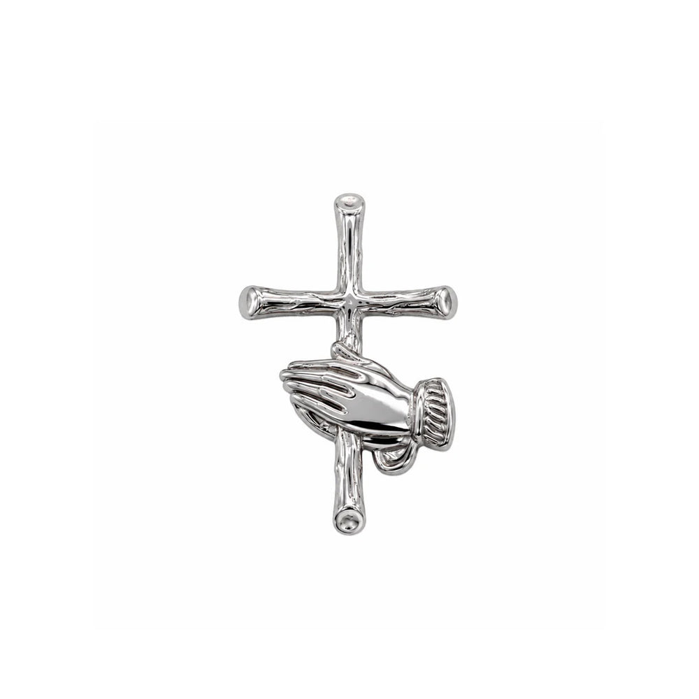 Sterling Silver Rhodium Plated Praying Hands Cross Pendant