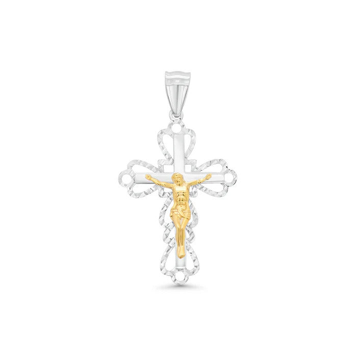 Sterling Silver Two Tone Plated Diamond Cut Matte Crucifix Pendant