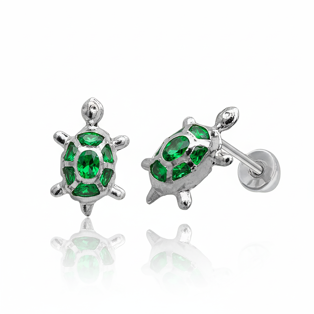 Sterling Silver Rhodium Plated Green CZ Turtle Screw Back Earring