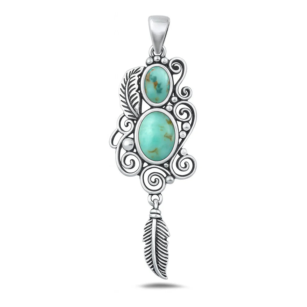 Sterling Silver Ornate Feather Turquois Pendant, Face Height 38.4mm
