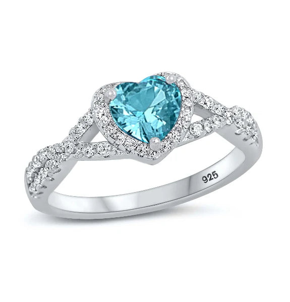 Sterling Silver Aquamarine Heart Stone Decorated with Clear CZ Stone Ring, Face Height 8MM