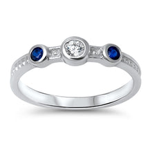 Load image into Gallery viewer, Sterling Silver Three Round Cut Clear and Sapphire stone on Bezel Setting Band Ring, Face Height of 5MM