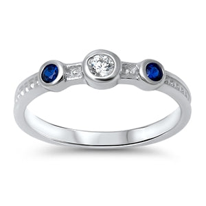 Sterling Silver Three Round Cut Clear and Sapphire stone on Bezel Setting Band Ring, Face Height of 5MM