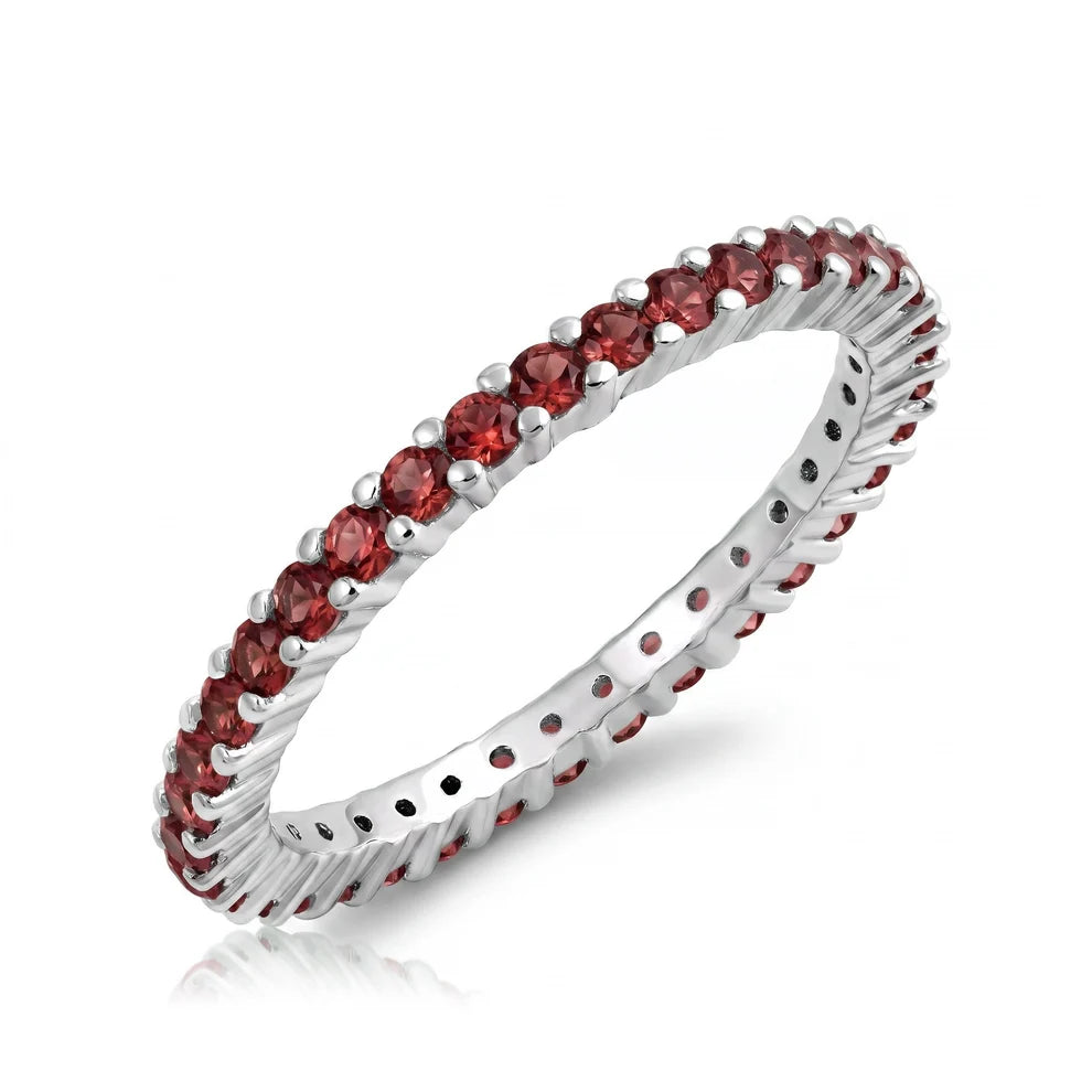 Sterling Silver Stackable Ring with Garnet CZ on Half-Bezel Setting with Rhodium Finish, Band Width 2MM