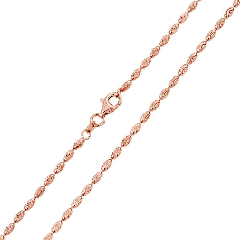 Italian Sterling Silver Rose Gold Plated Oval Curved Bead Chain 002-2.2 mm with Lobster Clasp Closure