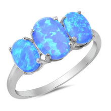 Load image into Gallery viewer, Sterling Silver Oval Three Stone Blue Opal Ring, Size 8