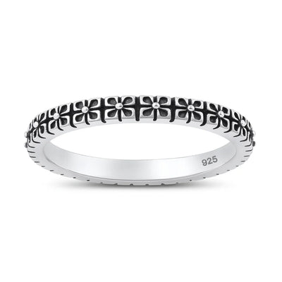 Sterling Silver Oxidized And Polished 2.2mm Flower Band Ring