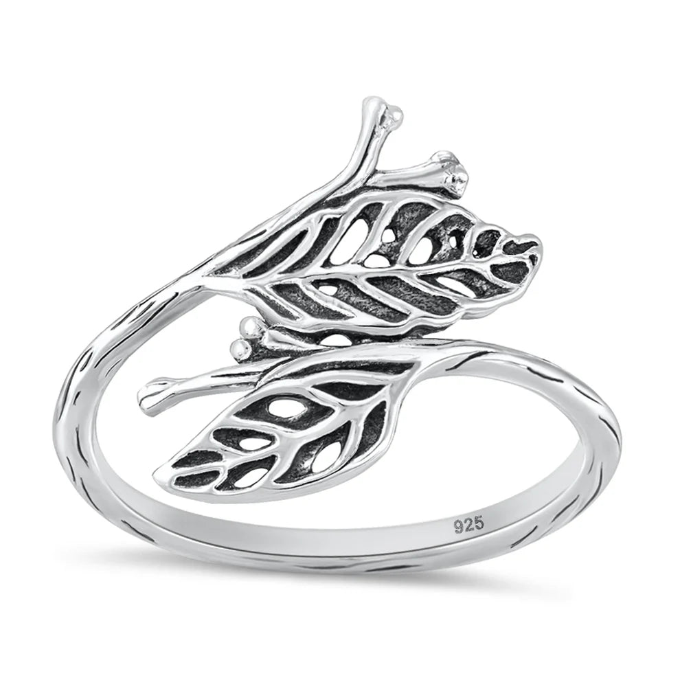 Sterling Silver Oxidized And Polished 17mm Leaves Ring