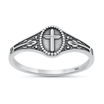 Sterling Silver Oxidized And Polished 7.6mm Oval Cross Ring