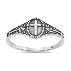 Sterling Silver Oxidized And Polished 7.6mm Oval Cross Ring