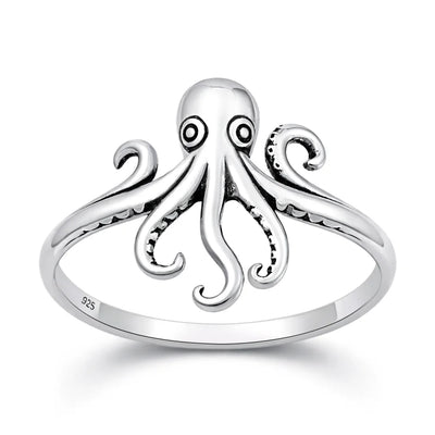 Sterling Silver Oxidized And Polished 9.5mm Octopus Ring