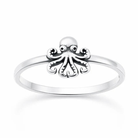 Sterling Silver Oxidized And Polished Octopus 8.5mm Ring