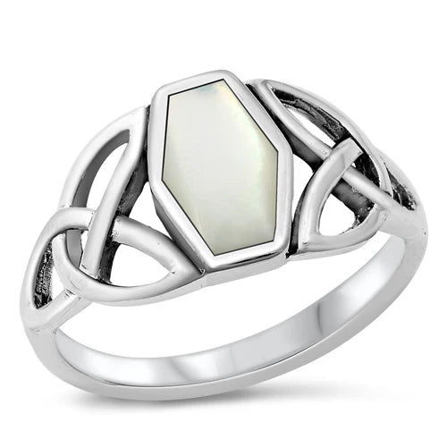 Sterling Silver Centered Mother of Pearl with Celtic Knot Design RingAnd Face Height of 11MMAnd Band Width: 3MM