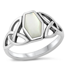 Load image into Gallery viewer, Sterling Silver Centered Mother of Pearl with Celtic Knot Design RingAnd Face Height of 11MMAnd Band Width: 3MM