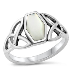 Sterling Silver Centered Mother of Pearl with Celtic Knot Design RingAnd Face Height of 11MMAnd Band Width: 3MM