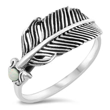 Load image into Gallery viewer, Sterling Silver oxidized Feather White Lab Opal Ring
