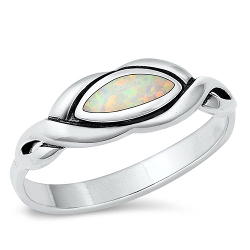 Sterling Silver White Lab Opal Eye Shape Ring--Face Height 7.1mm