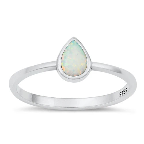 Sterling Silver Oxidized Pear White Lab Opal Ring