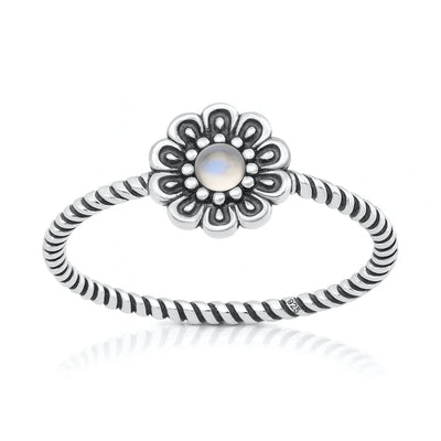 Sterling Silver Oxidized And Polished Flower Moonstone Stone Ring Face Height-9.2mm