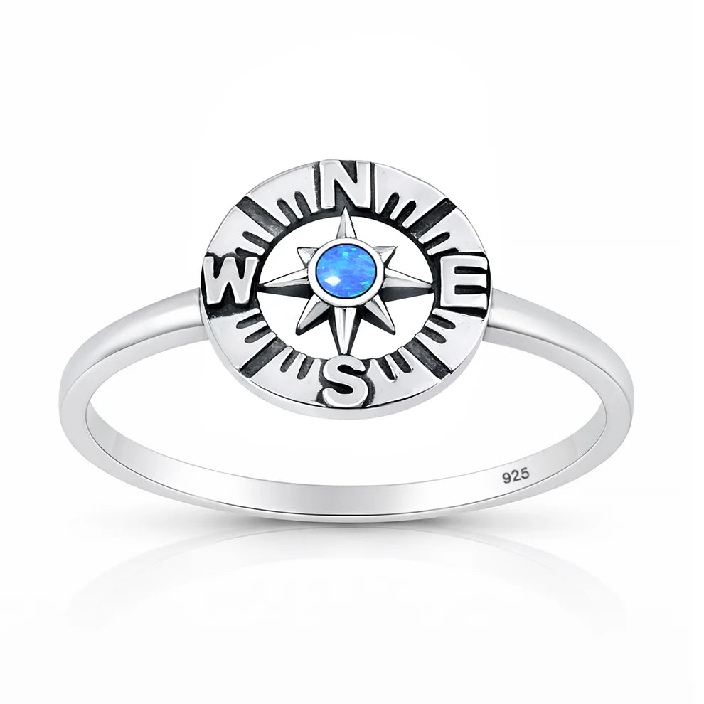 Sterling Silver Oxidized And Polished Compass Blue Lab Opal Ring