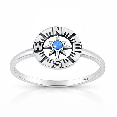 Sterling Silver Oxidized And Polished Compass Blue Lab Opal Ring