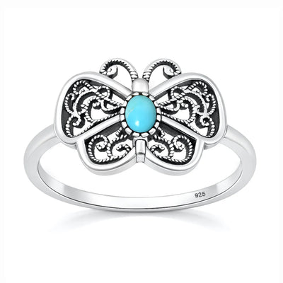 Sterling Silver Oxidized And Polished Butterfly Turquoise Stone Ring