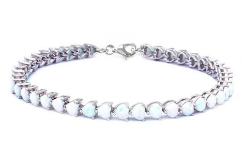 Sterling Silver White Fire Opal Hearts Bracelet, Length 8", Width 4mm