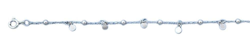 Sterling Silver Rhodium Plated Disc And Bead Anklet