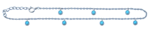 Sterling Silver Rhodium Plated Hanging Round Blue Lab Opal Anklet Length-9+1inches Extension