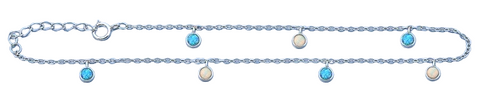 Sterling Silver Rhodium Plated Hanging Round Blue And White Lab Opal Anklet Length-9+1inches Extension