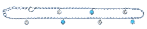 Sterling Silver Rhodium Plated Hanging Round Clear CZ And Blue Lab Opal Anklet Length-9+1inches Extension