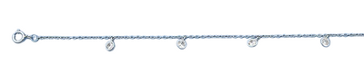 Sterling Silver Rhodium Plated Hanging Round Clear CZ Anklet Length-9+1inches Extension, CZ Charm-3.7mm