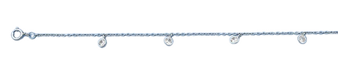 Sterling Silver Rhodium Plated Hanging Round Clear CZ Anklet Length-9+1inches Extension, CZ Charm-3.7mm