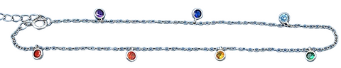 Sterling Silver Rhodium Plated Hanging Round Multi Colored CZ Anklet Length-9+1inches Extension, CZ Charm-3.7mm