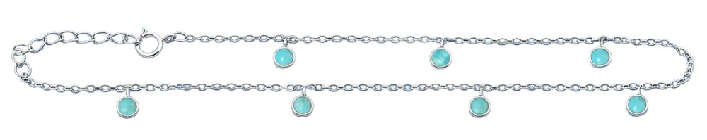 Sterling Silver Rhodium Plated Round Turquoise Stone Anklet
