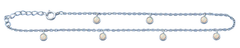 Sterling Silver Rhodium Plated Hanging Round  White Lab Opal Anklet Length-9+1inches Extension