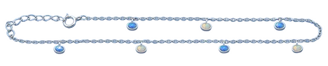 Sterling Silver Rhodium Plated Hanging Oval Blue And White Lab Opal Anklet Length-9+1inches Extension