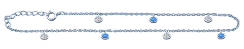 Sterling Silver Rhodium Plated Hanging Oval Clear CZ And Blue Lab Opal Anklet Length-9+1inches Extension