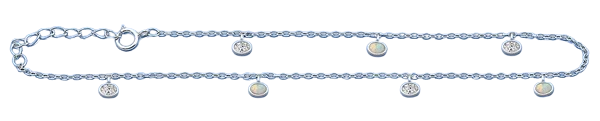 Sterling Silver Rhodium Plated Hanging Oval Clear CZ And White Lab Opal Anklet Length-9+1inches Extension