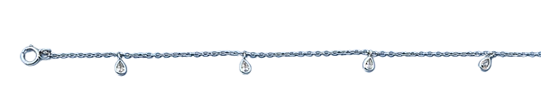 Sterling Silver Rhodium Plated Hanging Teardrop Clear CZ Anklet Length-9+1inches Extension