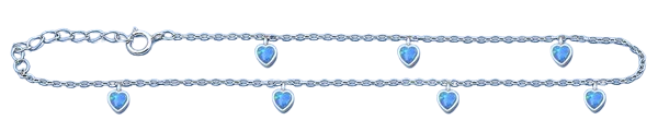 Sterling Silver Rhodium Plated Hanging Heart Blue Lab Opal Anklet Length-9+1inches Extension