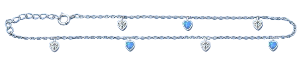 Sterling Silver Rhodium Plated Hanging Heart Clear CZ And Blue Lab Opal Anklet Length-9+1inches Extension