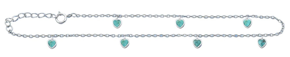Sterling Silver Rhodium Plated Heart Genuine Turquoise Stone Anklet