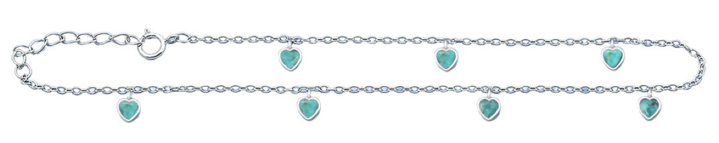 Sterling Silver Rhodium Plated Heart Genuine Turquoise Stone Anklet