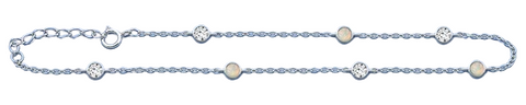 Sterling Silver Rhodium Plated Round Clear CZ And White Lab Opal Anklet Length-9+1inches Extension