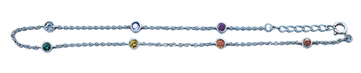 Sterling Silver Rhodium Plated Round Multi Colored CZ Anklet Length-9+1inches Extension