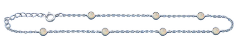 Sterling Silver Rhodium Plated Round White Lab Opal Anklet Length-9+1inches Extension